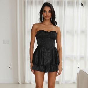 Strapless Black Tiered Peplum Mini Romper